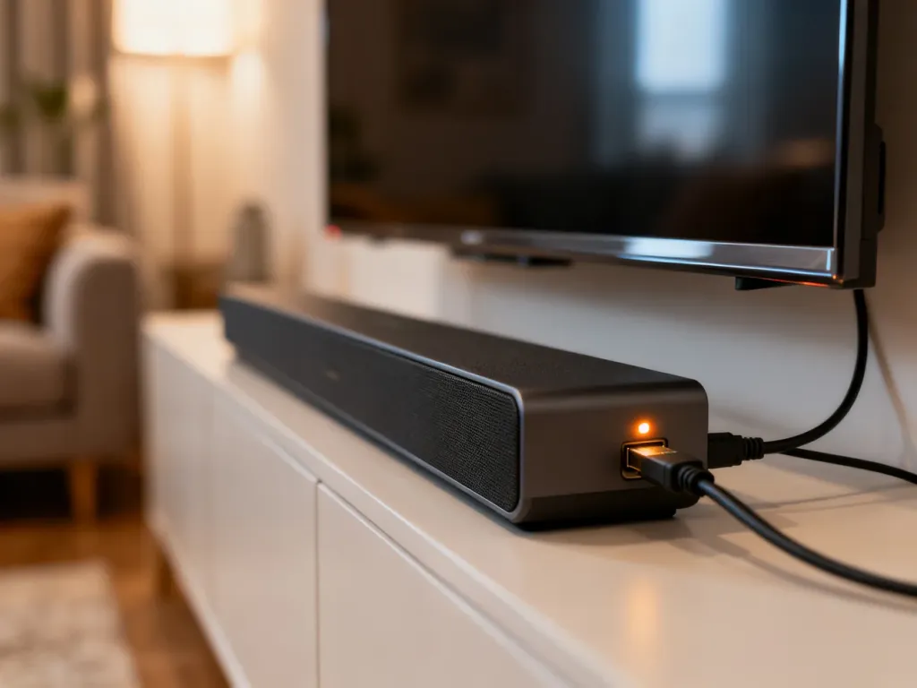 Soundbar Samsung podłączony kablem HDMI do telewizora w nowoczesnym salonie.