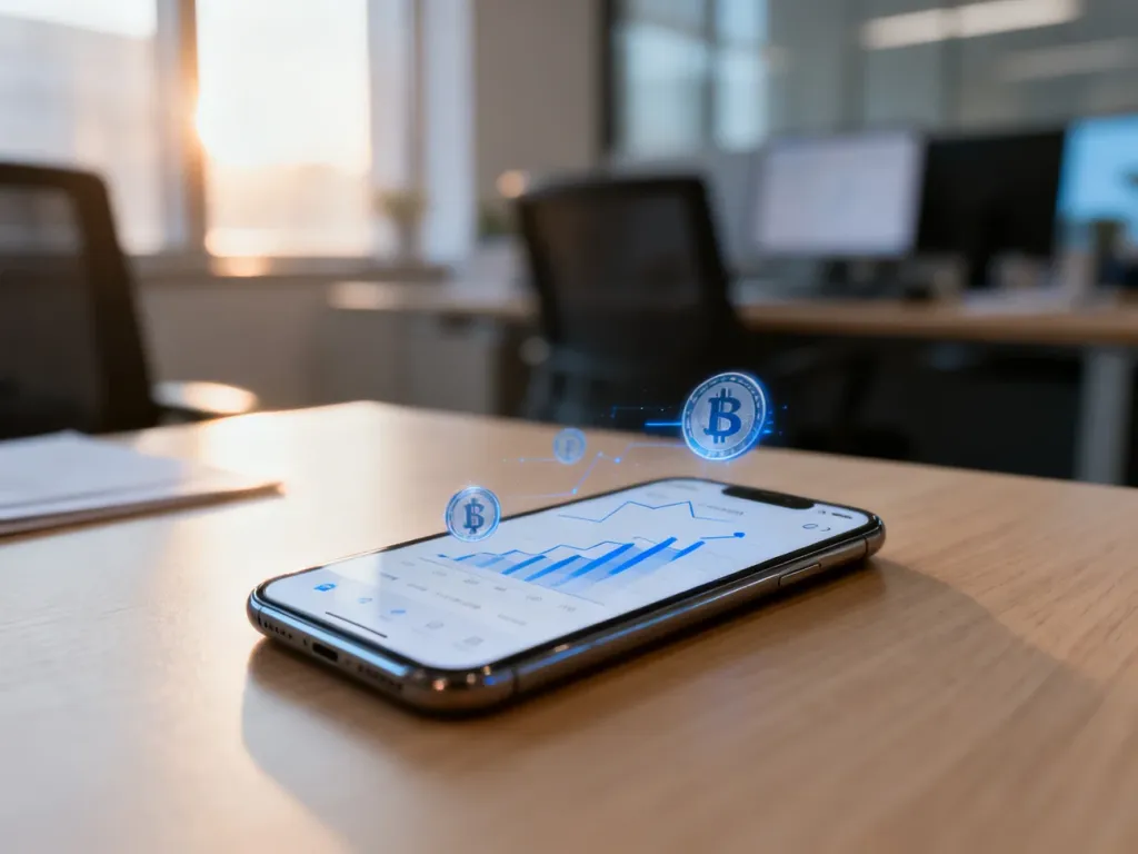 Smartfon z minimalistyczną aplikacją finansową i wykresami na drewnianym biurku w słonecznym biurze.