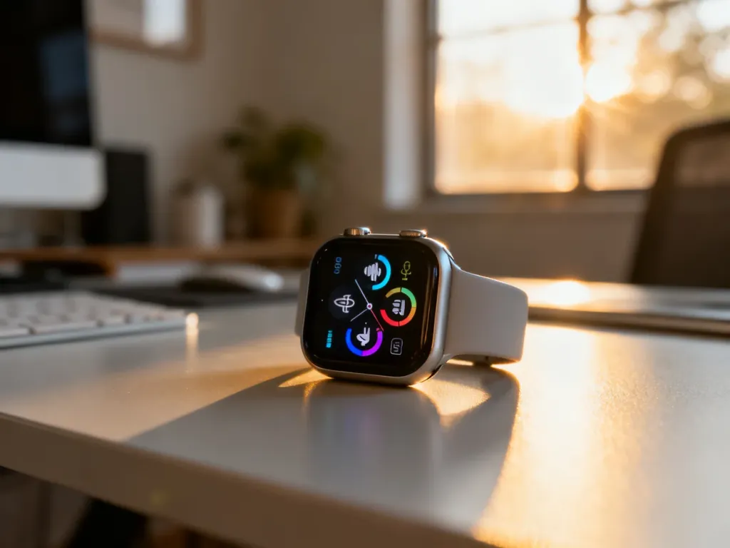 Nowoczesny smartwatch z widocznymi ikonami monitorowania zdrowia na ekranie, leżący na minimalistycznym biurku.
