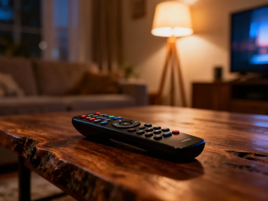 Nowoczesny pilot do telewizora leżący na drewnianym stoliku w przytulnym salonie.