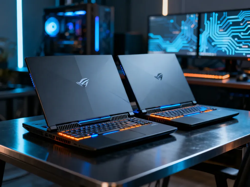 Dwa nowoczesne laptopy gamingowe z podświetlanymi klawiaturami ustawione obok siebie na metalowym biurku.