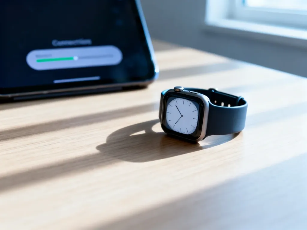 Nowoczesny smartwatch leżący na drewnianym biurku obok smartfona z widocznym procesem parowania urządzeń.