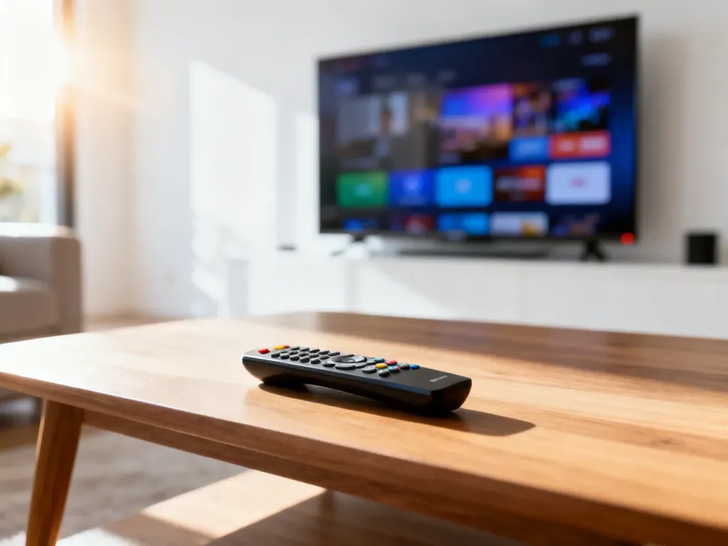 Pilot do telewizora leżący na drewnianym stoliku w salonie, w tle widoczne menu ustawień na ekranie telewizora.