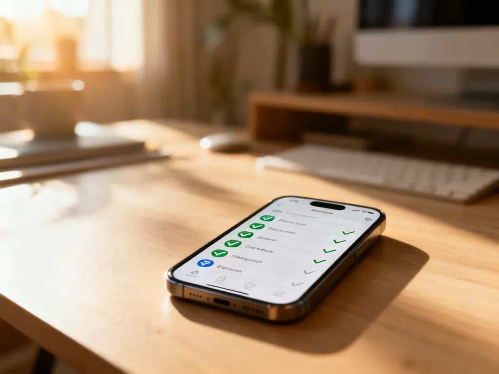 Smartfon z listą zadań na ekranie leżący na drewnianym biurku w przytulnym domowym biurze.