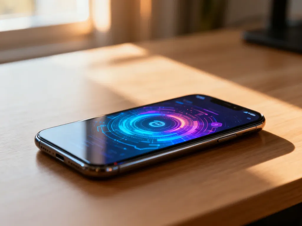 Nowoczesny smartfon z podświetlonym ekranem na drewnianym biurku, symbolizujący proces aktualizacji systemu Android.