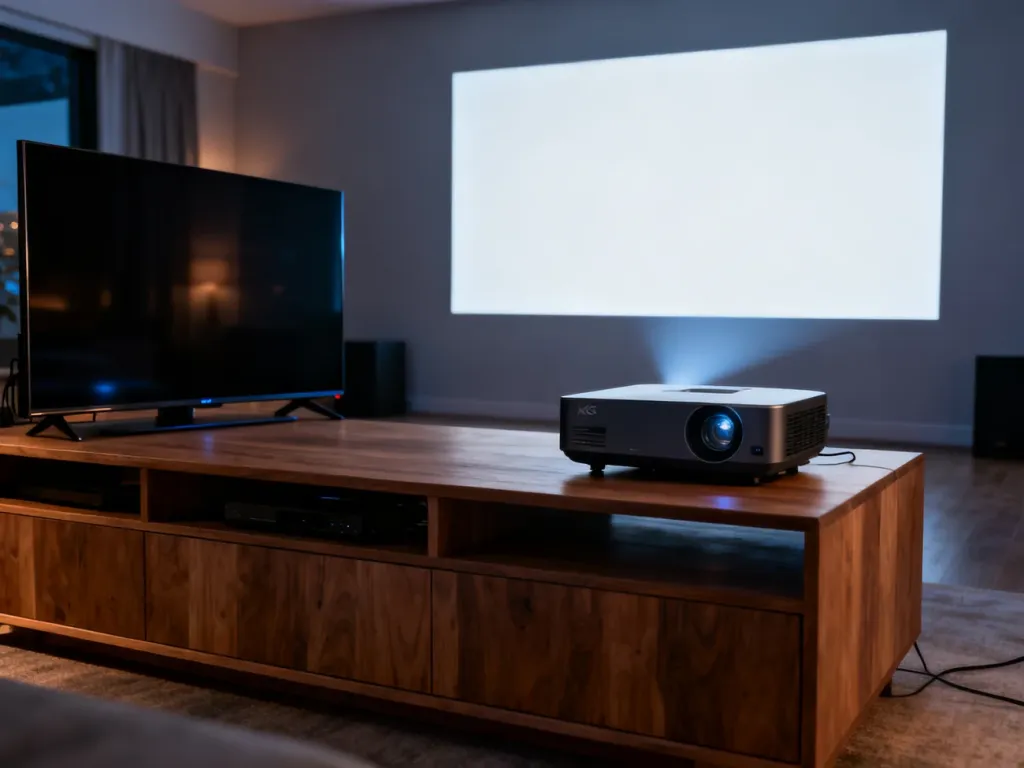 Nowoczesny salon z telewizorem 4K oraz projektorem multimedialnym, prezentujący porównanie obu technologii wyświetlania.