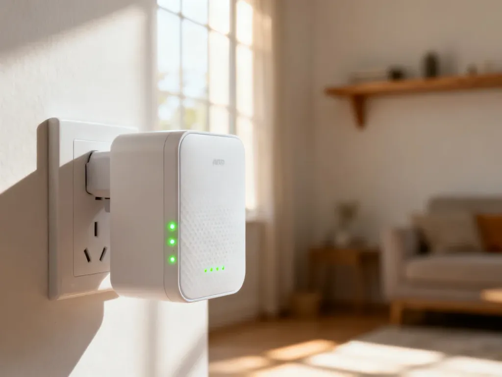 Biały wzmacniacz sygnału Wi-Fi TP-Link RE200 podłączony do gniazdka z aktywnymi zielonymi diodami w jasnym salonie.