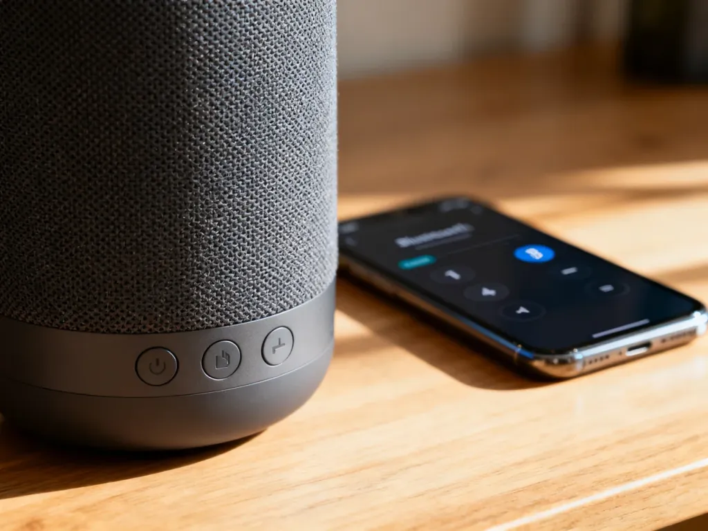 Bezprzewodowy głośnik Sony SRS-XB30 na drewnianym biurku obok smartfona z otwartymi ustawieniami Bluetooth.