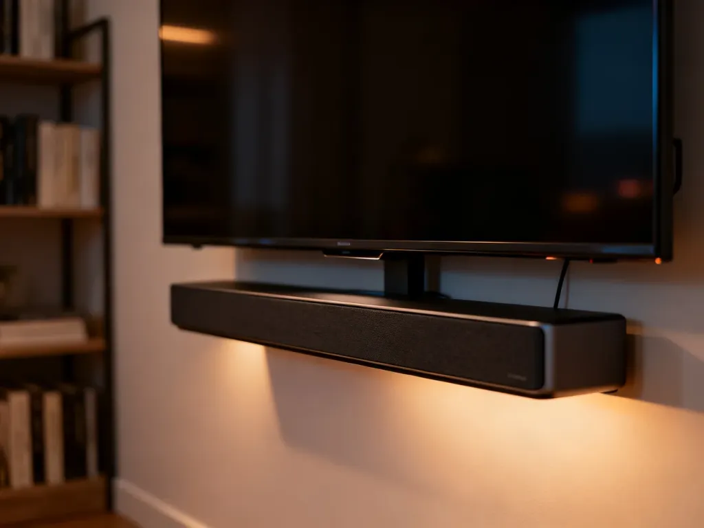 Nowoczesny soundbar umieszczony bezpośrednio pod telewizorem ściennym w przytulnym salonie.