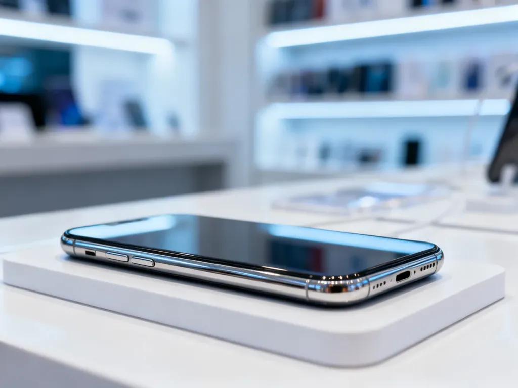 Nowoczesny smartfon na minimalistycznej podstawce ekspozycyjnej w sklepie z elektroniką.