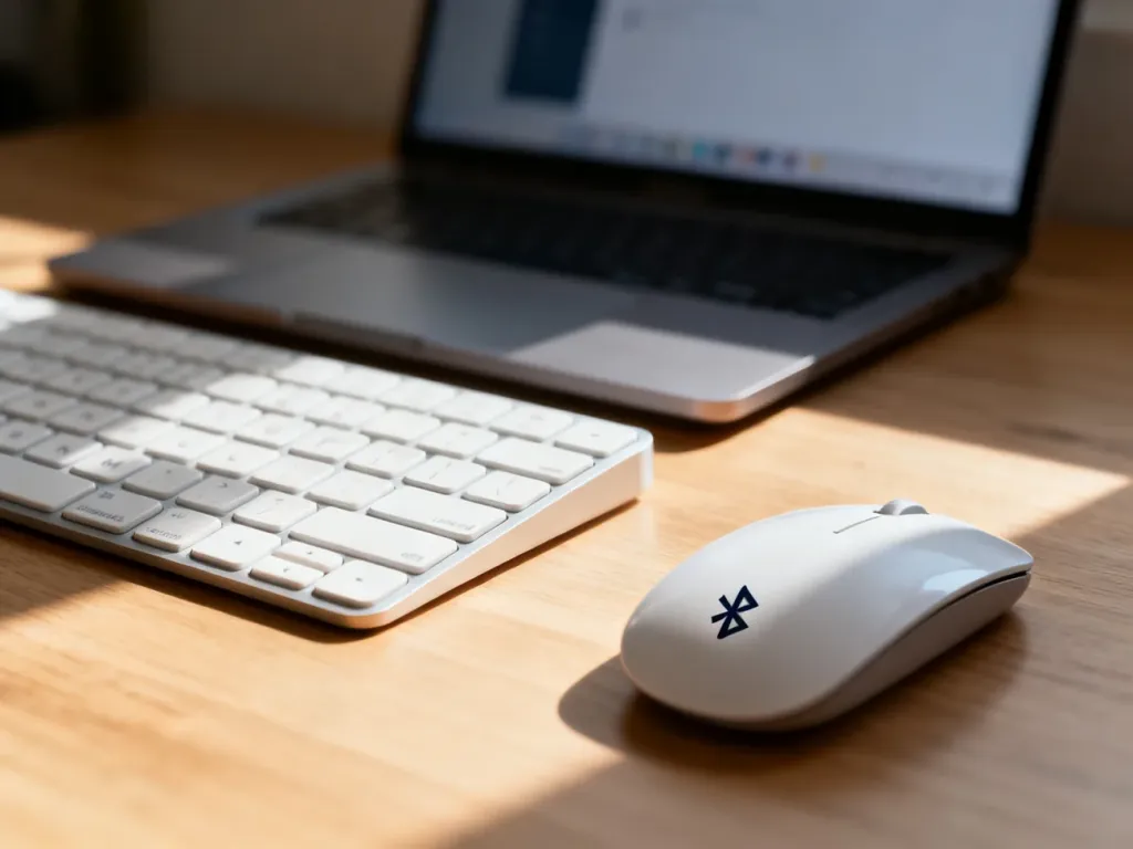 Bezprzewodowa klawiatura i mysz z widocznym symbolem Bluetooth na minimalistycznym drewnianym biurku.