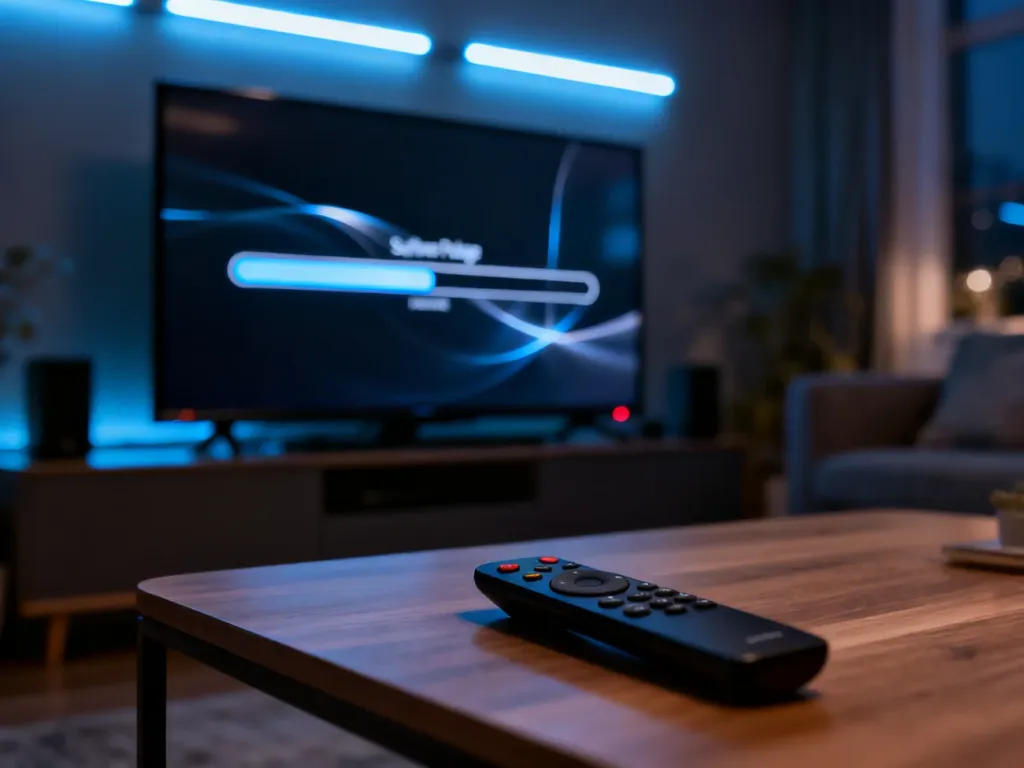 Nowoczesny telewizor z widocznym paskiem postępu aktualizacji oprogramowania w przytulnym salonie.