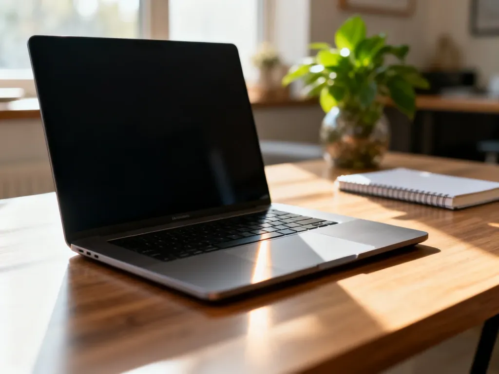 Nowoczesny laptop z wygaszonym ekranem na minimalistycznym biurku w słonecznym biurze.