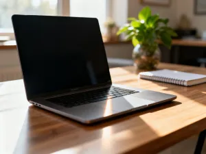 Nowoczesne słuchawki przewodowe z mikrofonem leżące na drewnianym biurku obok laptopa, gotowe do podłączenia.