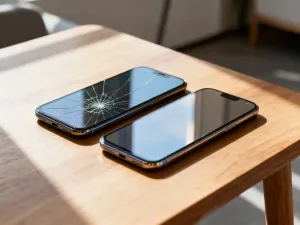 Apple TV oraz pilot na drewnianej szafce RTV w przytulnym salonie z widokiem na włączony telewizor.