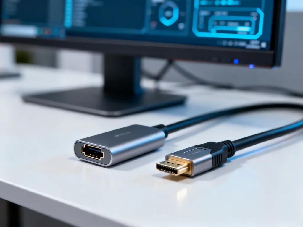 Zbliżenie na złącza kabli Mini DisplayPort i HDMI leżące na biurku, ukazujące różnice w ich budowie.