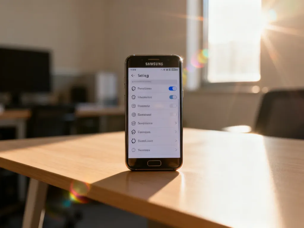 Nowoczesny smartfon Samsung z otwartym menu ustawień na minimalistycznym biurku w słonecznym biurze.