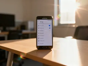 Nowoczesny smartfon z zablokowanym ekranem wzoru oraz narzędzia ślusarskie na drewnianym biurku.