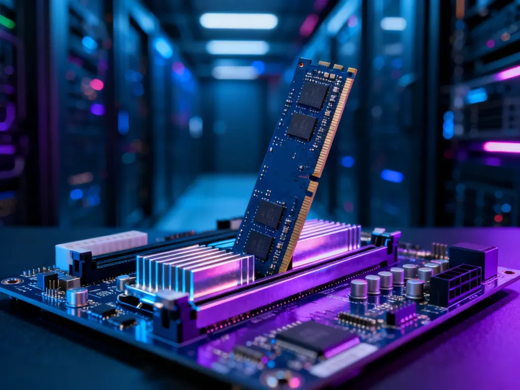 Zbliżenie na nowoczesną kość pamięci RAM wpiętą w płytę główną komputera, podkreślające detale techniczne podzespołu.