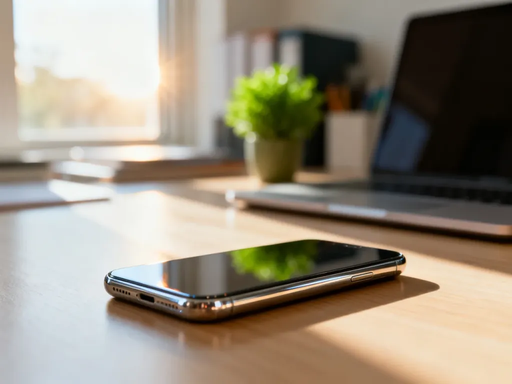 Nowoczesny smartfon leżący na minimalistycznym biurku w słonecznym świetle, symbolizujący odnowiony sprzęt wysokiej jakości.