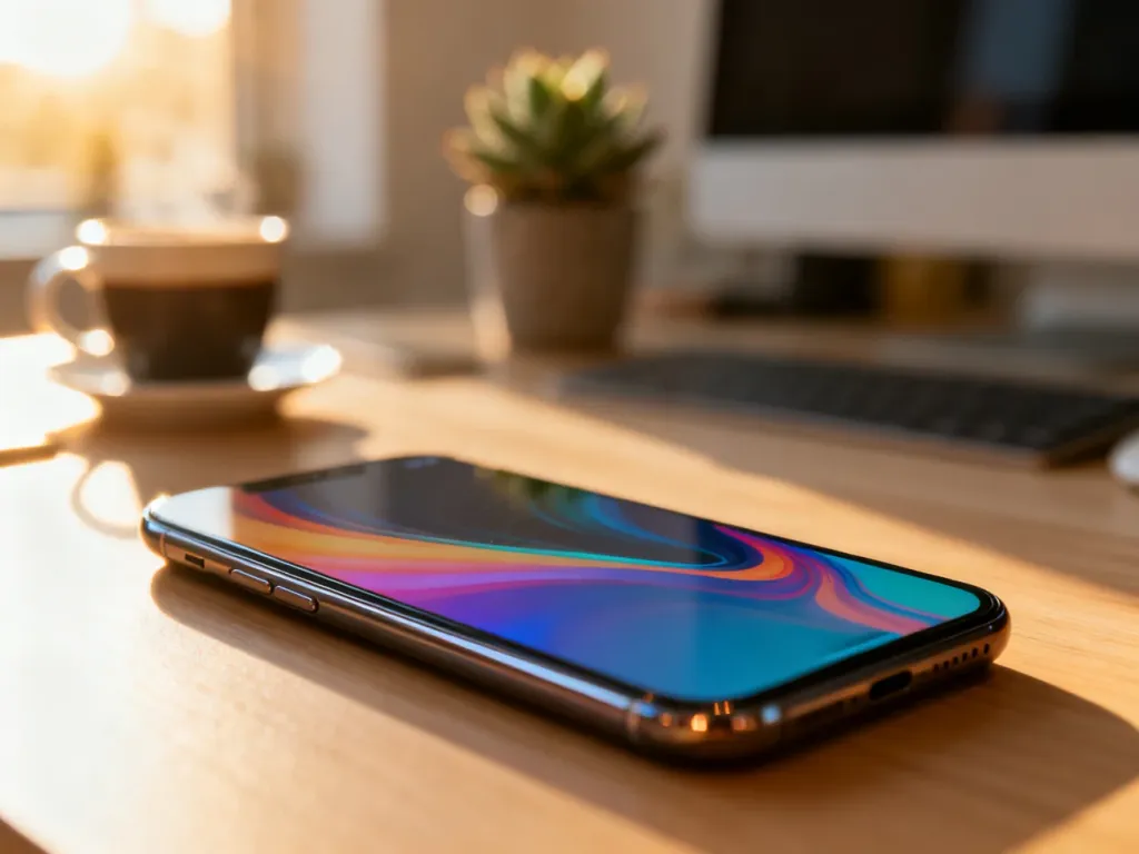Nowoczesny smartfon z kolorową tapetą na minimalistycznym biurku, symbolizujący odświeżony wygląd systemu iOS 16.