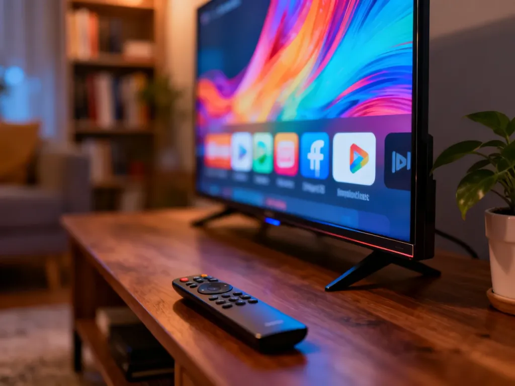 Nowoczesny telewizor z kolorowym interfejsem aplikacji oraz pilotem na stoliku w przytulnym salonie.