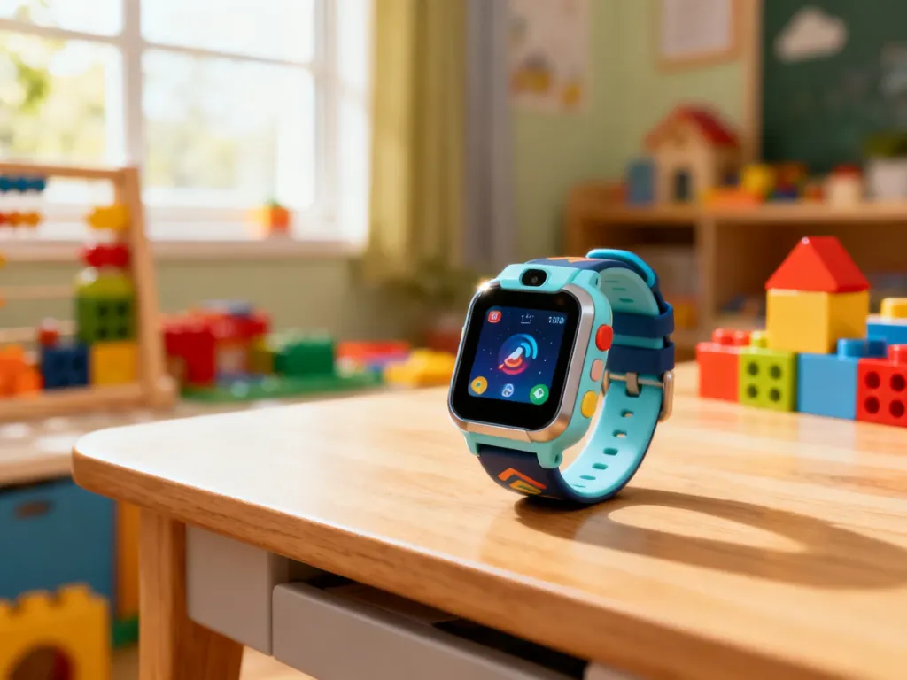 Nowoczesny smartwatch dla dziecka leżący na drewnianym biurku w jasnym, przyjaznym pokoju.