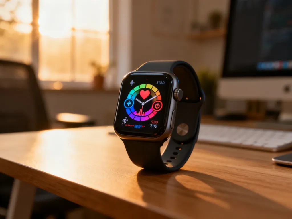 Nowoczesny smartwatch na drewnianym biurku z widocznym interfejsem monitorowania zdrowia i aktywności fizycznej.