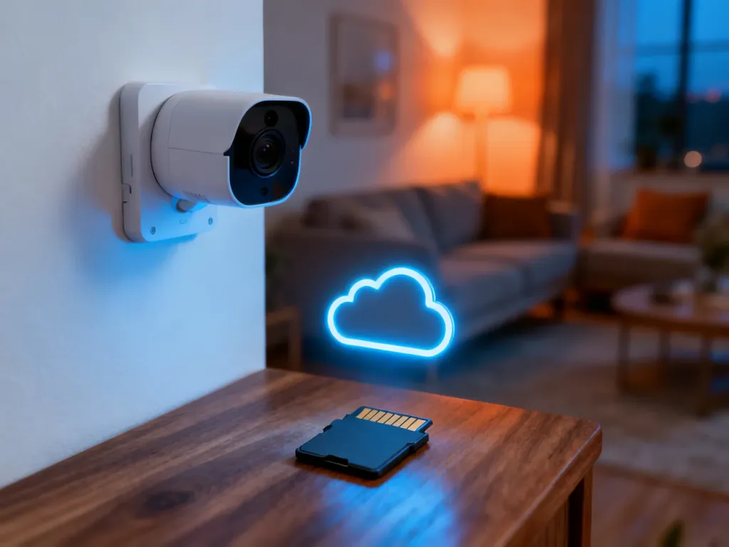 Nowoczesna kamera monitoringu z ikoną chmury i kartą pamięci, ilustrująca wybór metody zapisu nagrań w systemie ochrony domu.