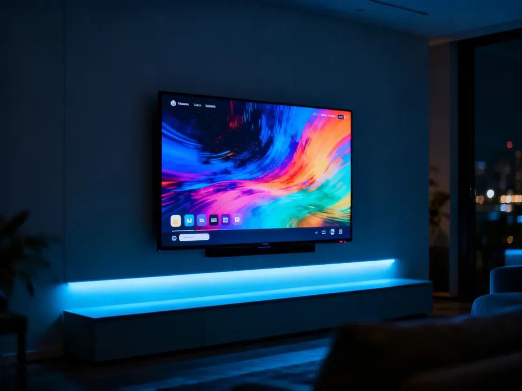 Nowoczesny telewizor z podświetleniem LED w przyciemnionym salonie, prezentujący wysoką jakość obrazu na ekranie.