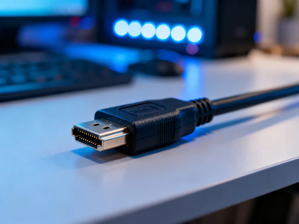 Zbliżenie na wtyczkę kabla HDMI leżącą na nowoczesnym biurku w wieczornym oświetleniu.