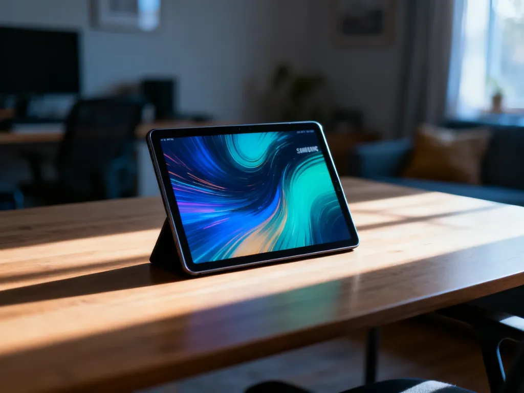 Nowoczesny tablet Samsung na drewnianym biurku w przytulnym domowym biurze, prezentujący wysoką jakość wyświetlacza.