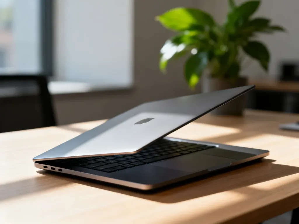 Nowoczesny laptop Dell na minimalistycznym drewnianym biurku w domowym biurze, oświetlony porannym światłem słonecznym.
