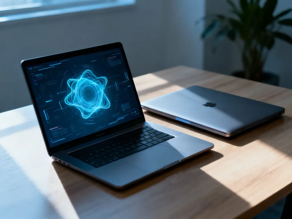 Dwa nowoczesne laptopy na drewnianym biurku, z których jeden jest otwarty, co ilustruje wybór sprzętu do pracy.