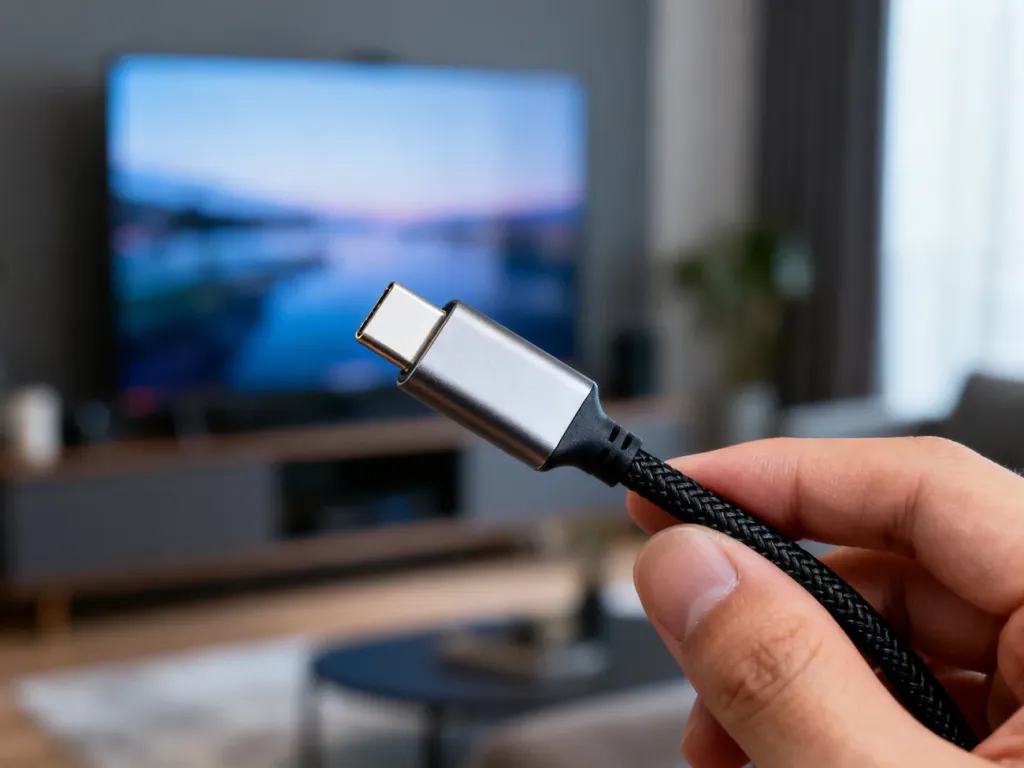 Zbliżenie na wtyczkę kabla USB-C na HDMI, trzymaną w dłoni na tle telewizora w salonie.