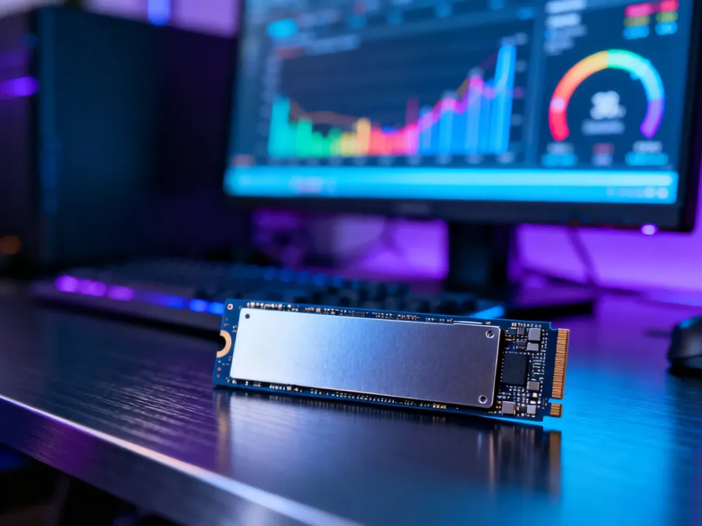 Nowoczesny dysk NVMe na metalowym biurku w tle z rozmytym monitorem wyświetlającym wykresy wydajności i prędkości transferu.