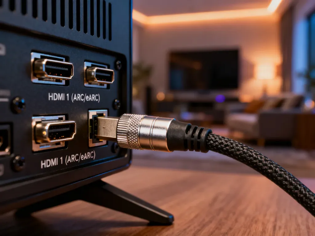 Kabel HDMI wpinany do portu oznaczonego jako HDMI 1 (ARC/eARC) w nowoczesnym telewizorze 4K.
