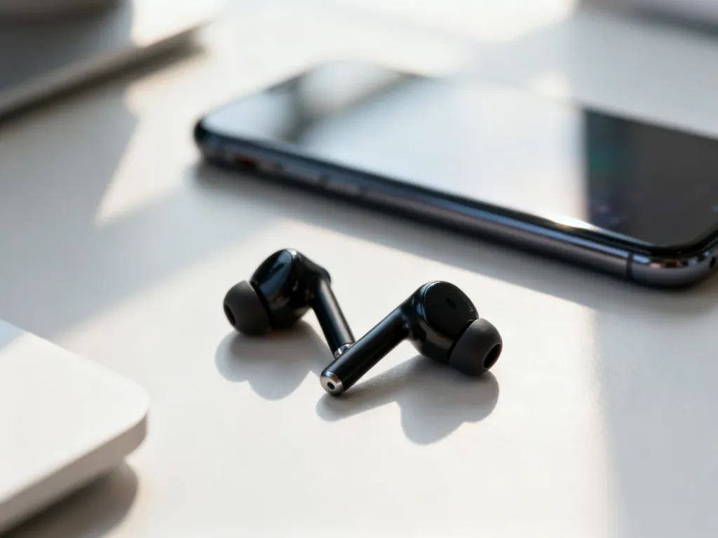 Nowoczesne słuchawki bezprzewodowe leżące na biurku obok smartfona, ilustrujące temat wyboru sprzętu audio do telefonu.