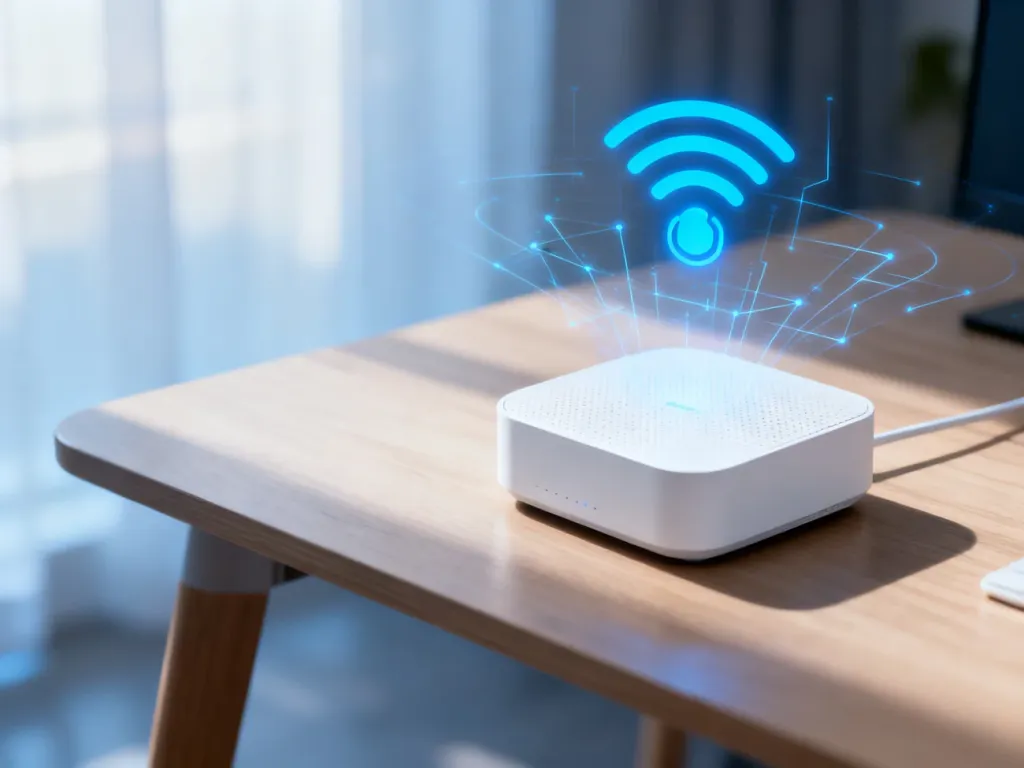 Nowoczesny biały router mesh na drewnianym biurku, symbolizujący płynne połączenie bezprzewodowe w domu.