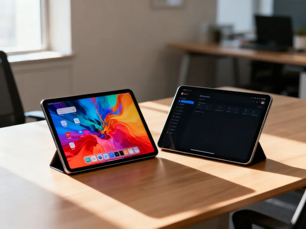 Dwa nowoczesne tablety z różnymi interfejsami leżące na drewnianym biurku, prezentujące porównanie systemów iPad i Android.