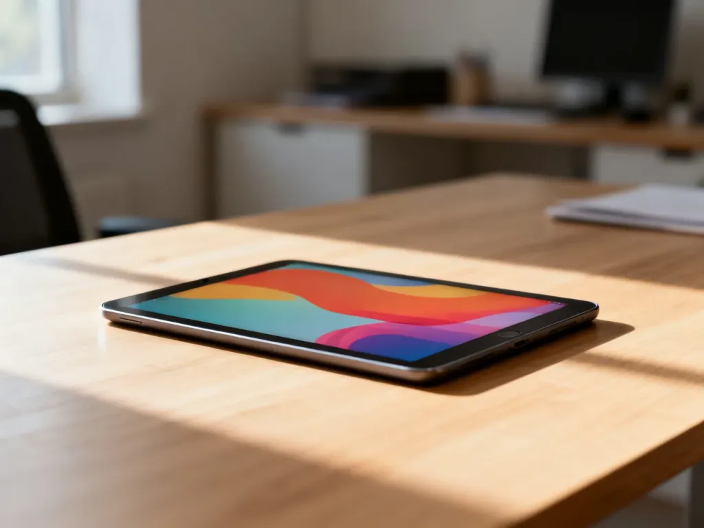 Nowoczesny tablet leżący na minimalistycznym drewnianym biurku w słonecznym domowym biurze.