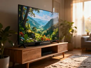 Nowoczesny telewizor z wyłączonym podświetleniem Ambilight w przyciemnionym salonie.