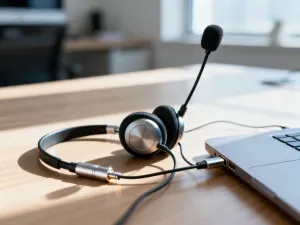 Słuchawki douszne JBL T110 leżące na drewnianym biurku w przytulnym, domowym otoczeniu.