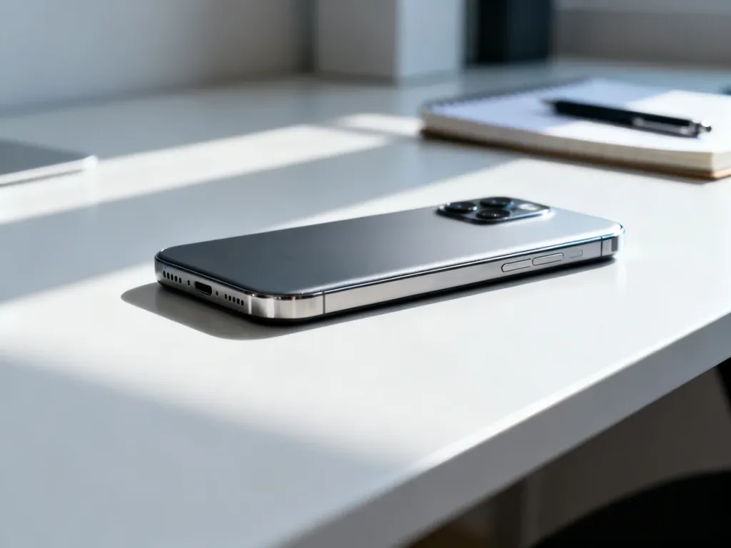 Nowoczesny smartfon na minimalistycznym biurku, podkreślający wysoką jakość wykonania i detale oryginalnego urządzenia.
