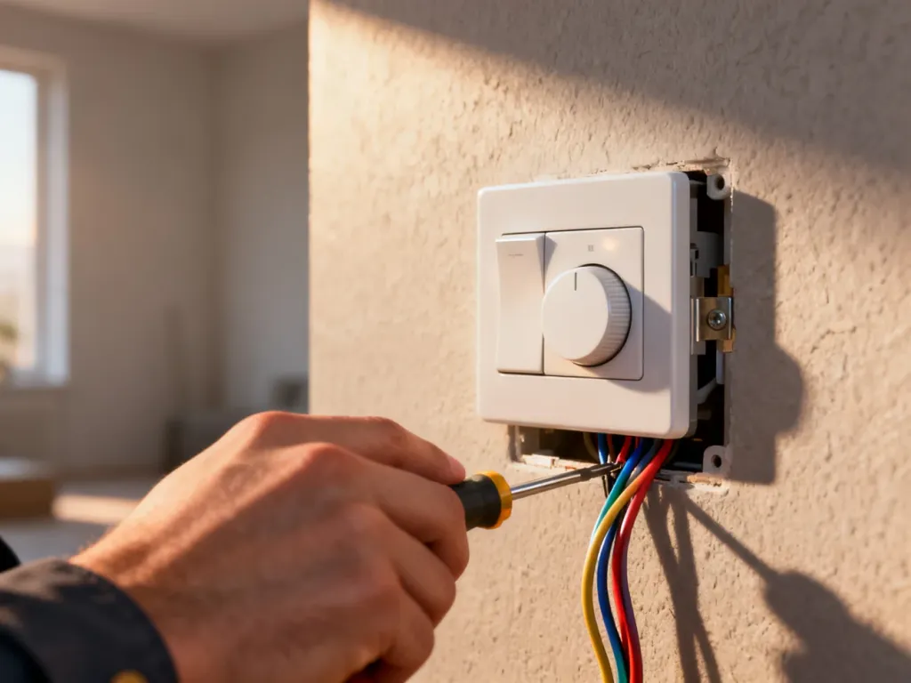 Elektryk dokręca śrubokrętem przewody w nowoczesnym ściemniaczu LED zamontowanym na ścianie.