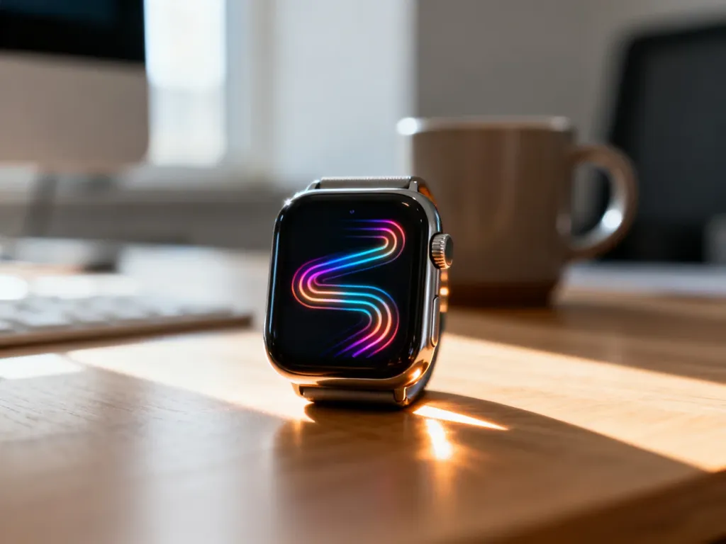 Nowoczesny smartwatch z kolorowym interfejsem fitness leżący na drewnianym biurku w promieniach porannego słońca.