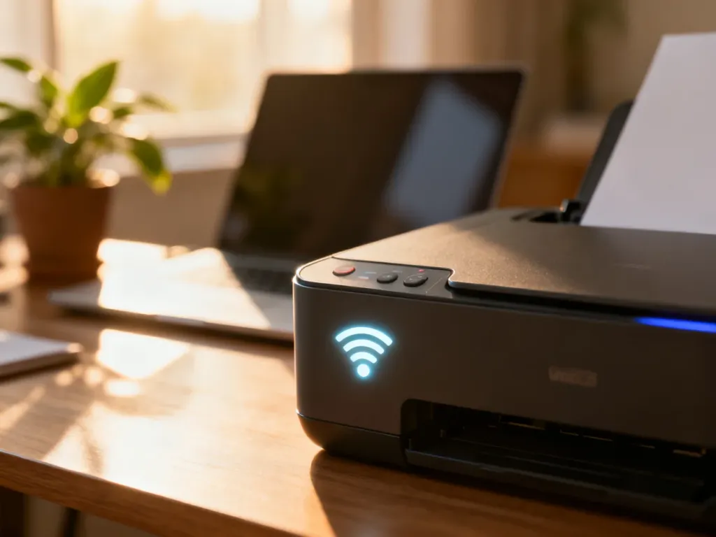 Drukarka Canon TS3150 na biurku z podświetloną ikoną Wi-Fi, gotowa do konfiguracji połączenia bezprzewodowego.