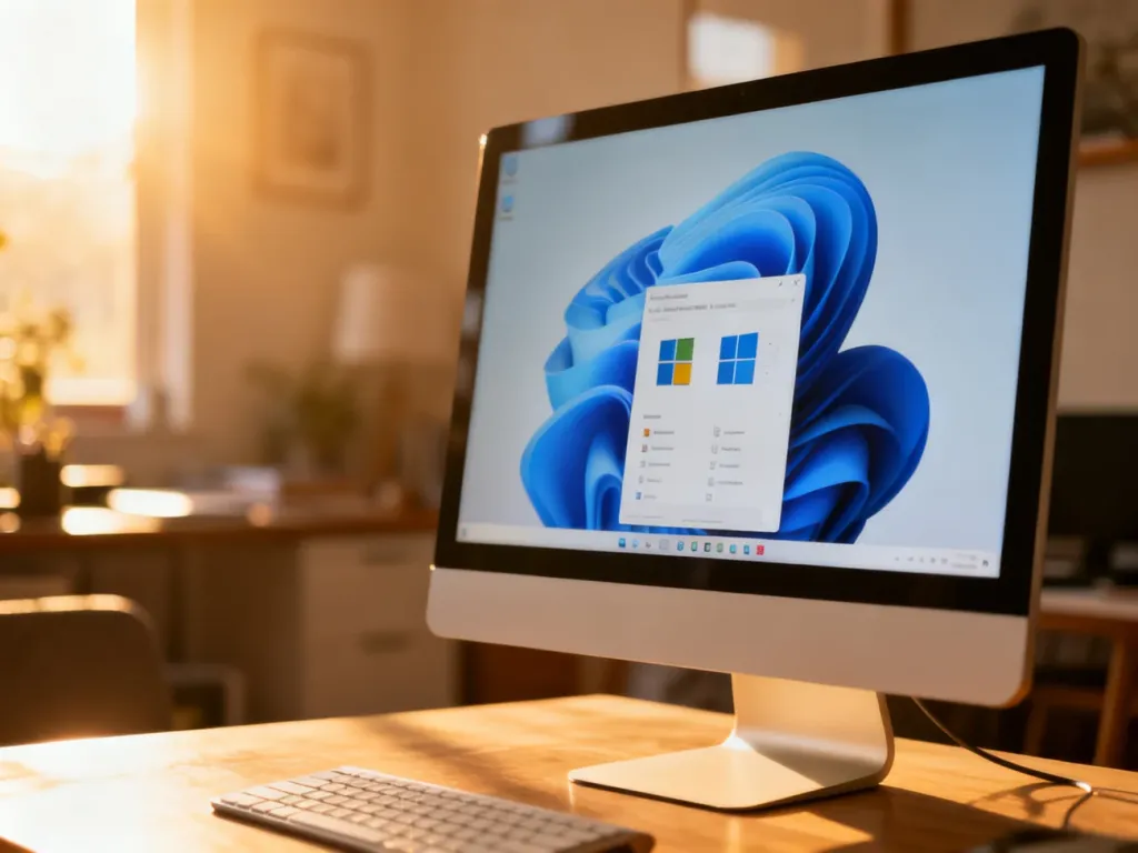 Nowoczesny monitor z minimalistycznym pulpitem systemu Windows 11 w jasnym, domowym biurze.