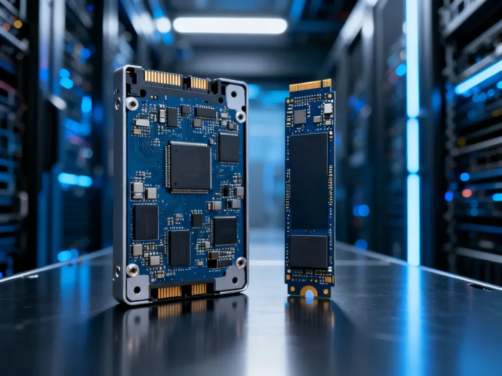 Porównanie dysku SATA SSD oraz M.2 NVMe leżących obok siebie na metalowej powierzchni.