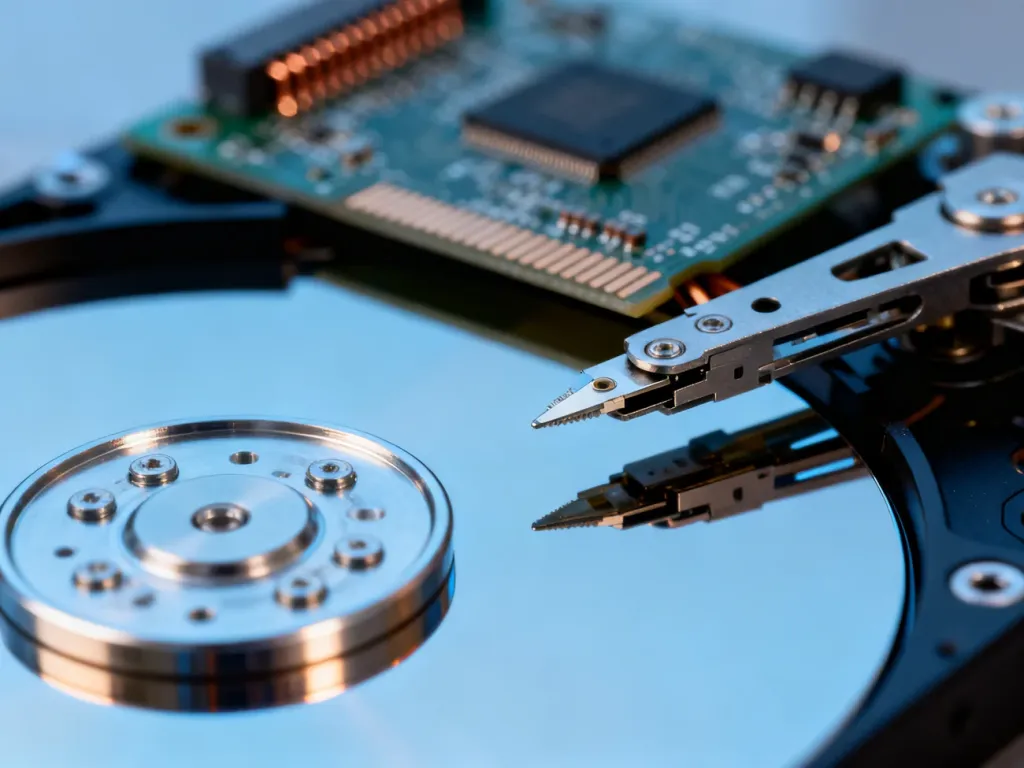 Zbliżenie na magnetyczny talerz i głowicę dysku twardego HDD, ukazujące precyzyjny mechanizm zapisu danych.